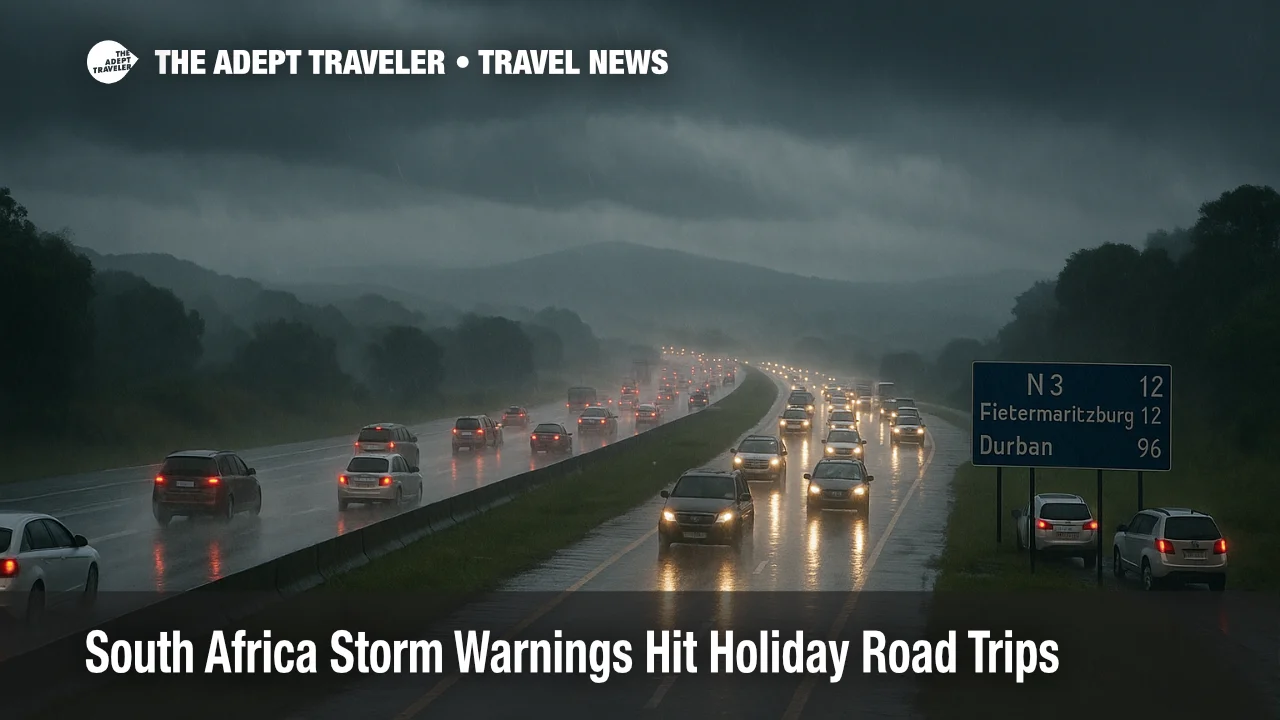 Holiday drivers crawl along the storm soaked N3 near Pietermaritzburg as South Africa storm warnings travel delays build on a key December road corridor