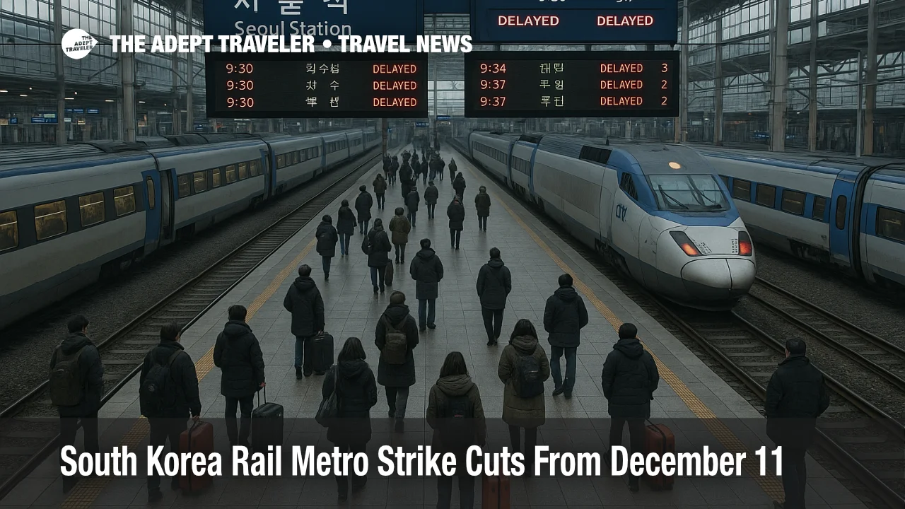 Crowded Seoul Station platform as South Korea rail strike December 11 cuts KTX and commuter services for travelers.