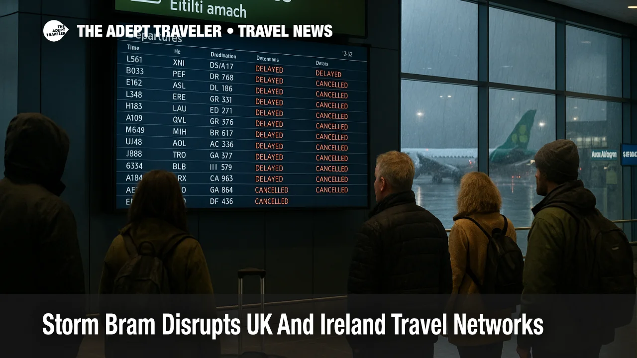 Travelers watch a departures board at Dublin Airport as Storm Bram UK Ireland travel disruption causes delays and cancellations across the network