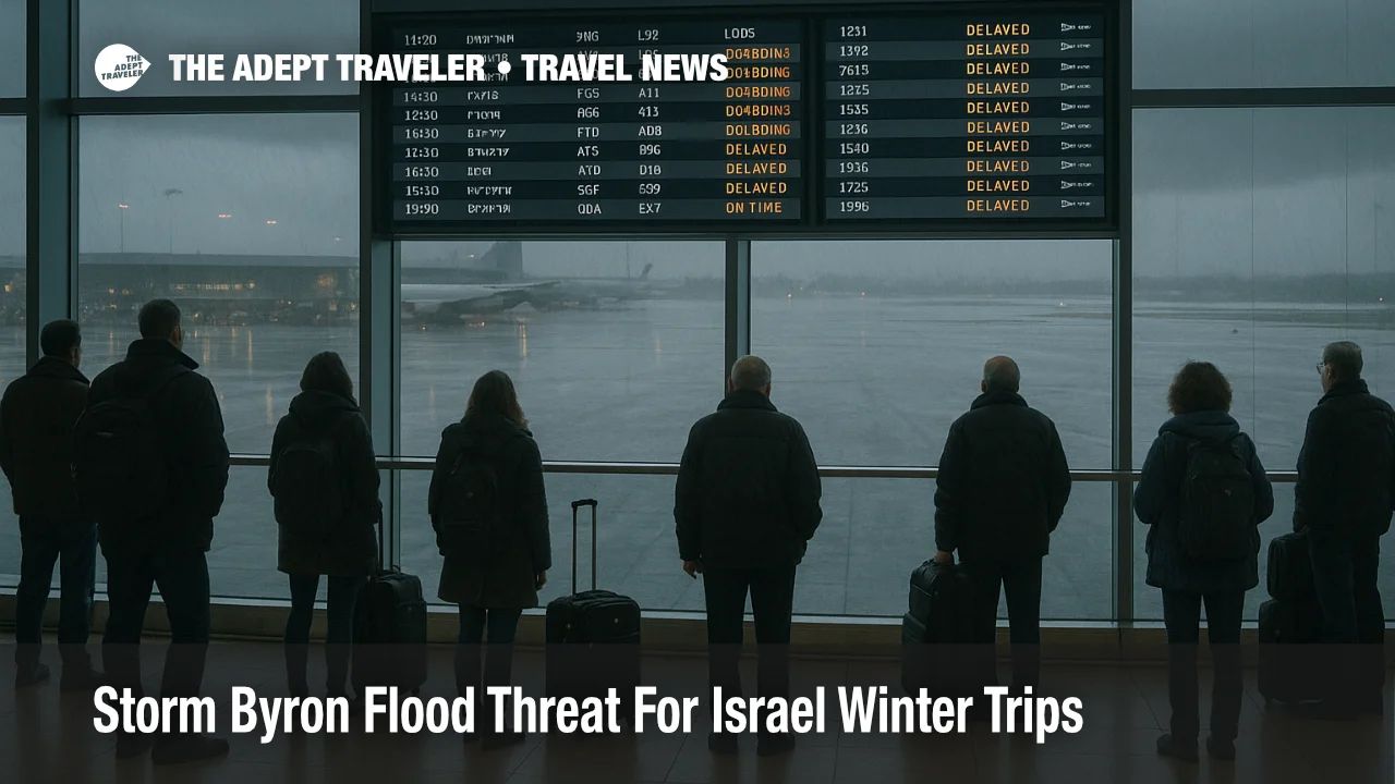 Travelers watch departure boards at Ben Gurion Airport as Storm Byron Israel winter trips face delays from heavy rain and flooding
