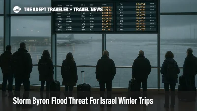 Travelers watch departure boards at Ben Gurion Airport as Storm Byron Israel winter trips face delays from heavy rain and flooding