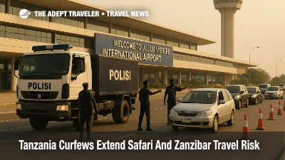 Police checkpoint at Julius Nyerere Airport shows Tanzania curfews travel risk as traffic slows and travelers face checks.
