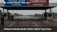 Closed Thailand Cambodia border checkpoint with barriers illustrates Thailand Cambodia border travel warning for no go zone