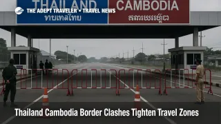 Closed Thailand Cambodia border checkpoint with barriers illustrates Thailand Cambodia border travel warning for no go zone