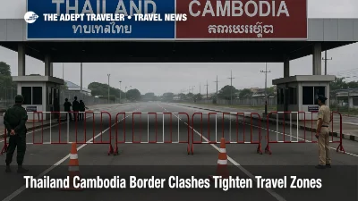 Closed Thailand Cambodia border checkpoint with barriers illustrates Thailand Cambodia border travel warning for no go zone