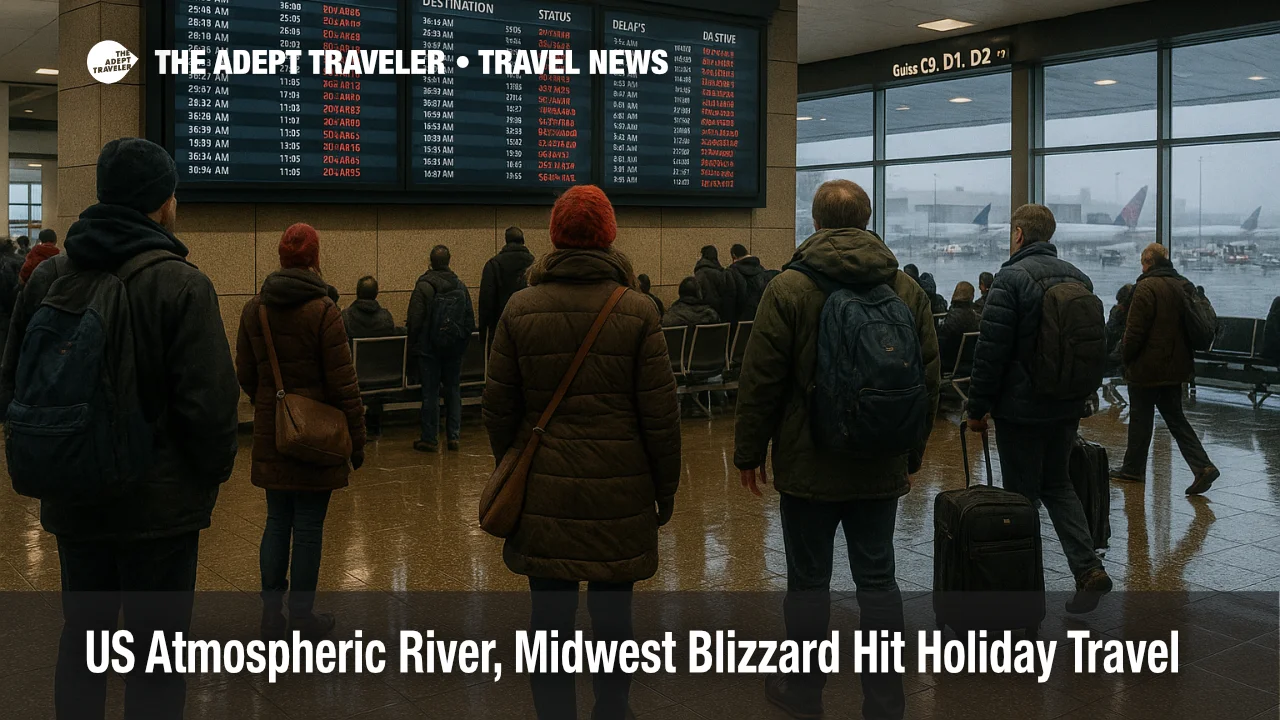 Travelers watch a departures board at Seattle Tacoma Airport as an atmospheric river and Midwest blizzard pattern disrupts US holiday flights and roads