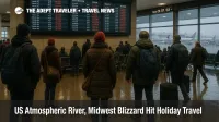 Travelers watch a departures board at Seattle Tacoma Airport as an atmospheric river and Midwest blizzard pattern disrupts US holiday flights and roads
