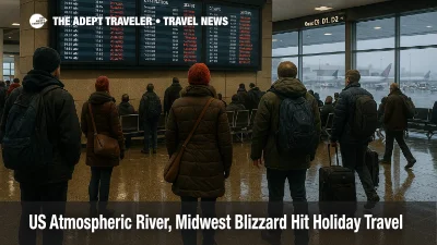Travelers watch a departures board at Seattle Tacoma Airport as an atmospheric river and Midwest blizzard pattern disrupts US holiday flights and roads