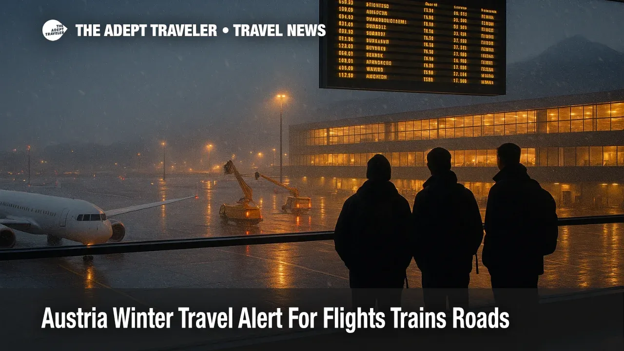 Travelers check the board at Vienna International Airport as an Austria winter travel alert brings snow and delays.