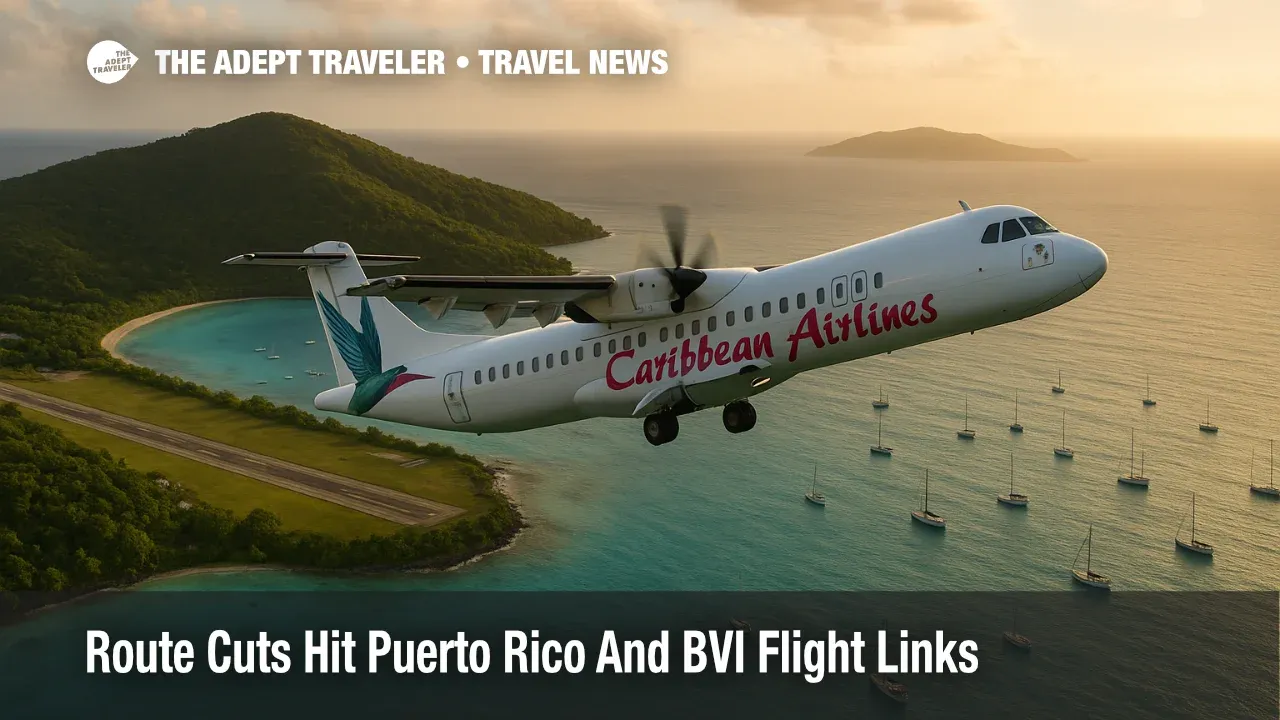 Caribbean turboprop over turquoise water between two islands, marking Caribbean Airlines route cuts to Puerto Rico and BVI