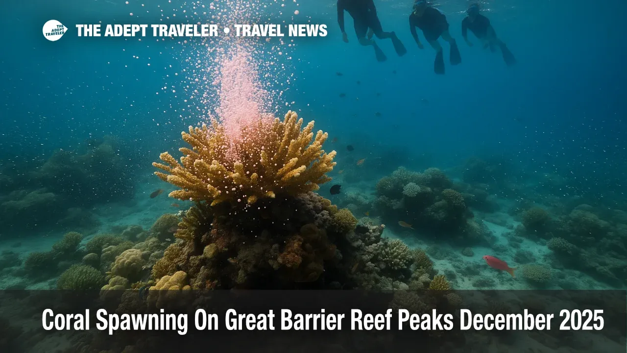 Snorkelers watch Great Barrier Reef coral spawning at Moore Reef as pink spawn clouds rise over healthy corals during the December reproductive season