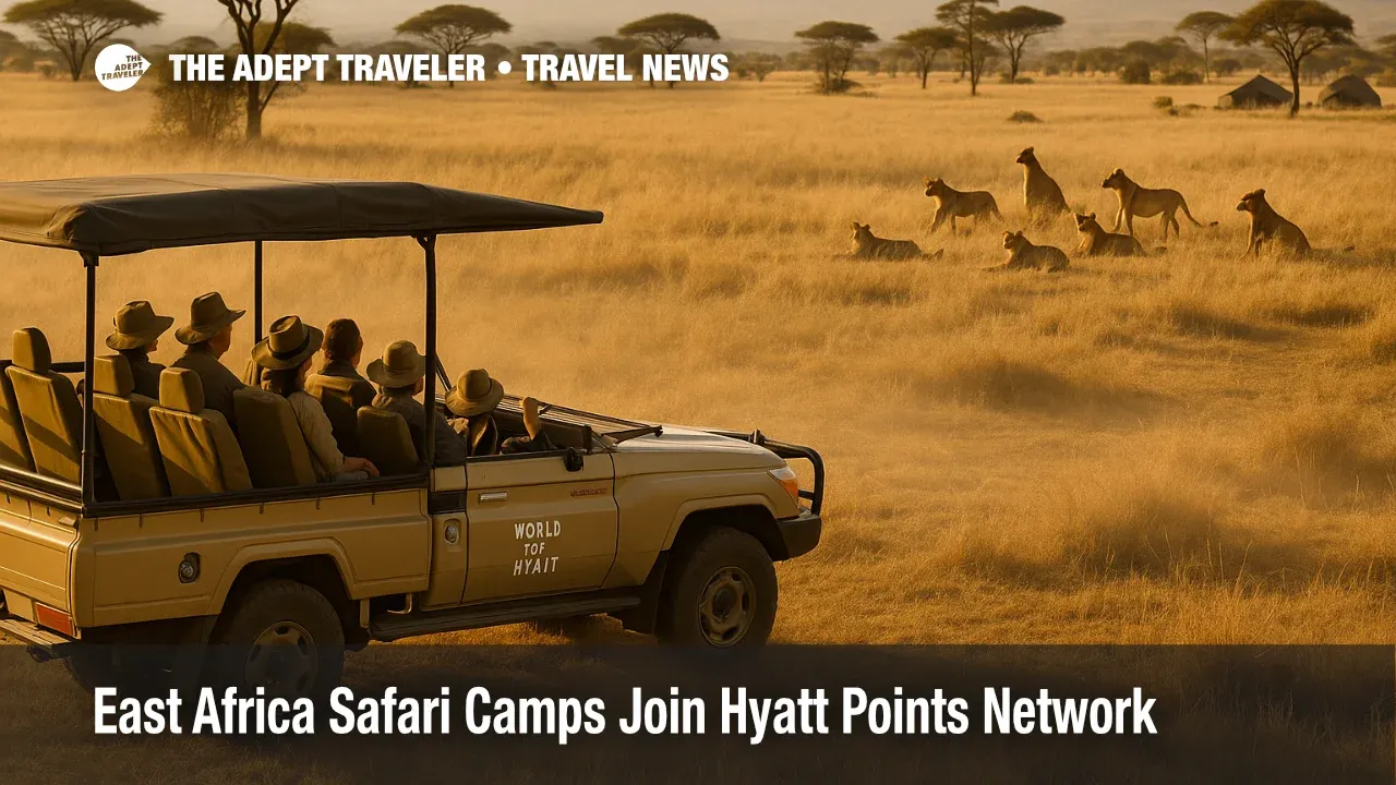 Safari vehicle with travelers watching wildlife in Serengeti as Hyatt East Africa safari camps become bookable with World of Hyatt points