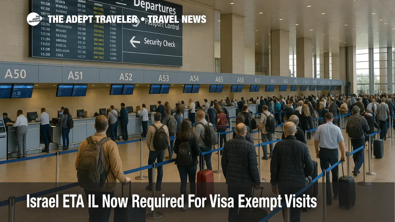 Travelers line up at Ben Gurion Airport check in as the new Israel ETA IL travel authorization requirement is verified before flights for visa exempt visitors