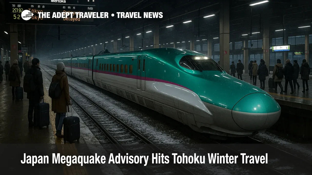 Passengers wait on a snowy Tohoku Shinkansen platform as Japan megaquake advisory travel risk complicates winter rail plans.