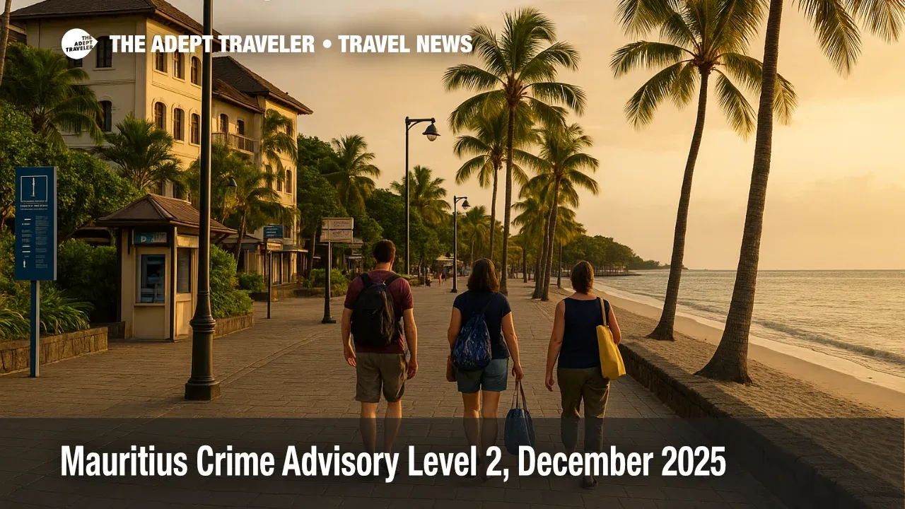 Travelers on a Mauritius beach promenade near shops and ATMs reflect the Mauritius travel advisory Level 2 crime warning