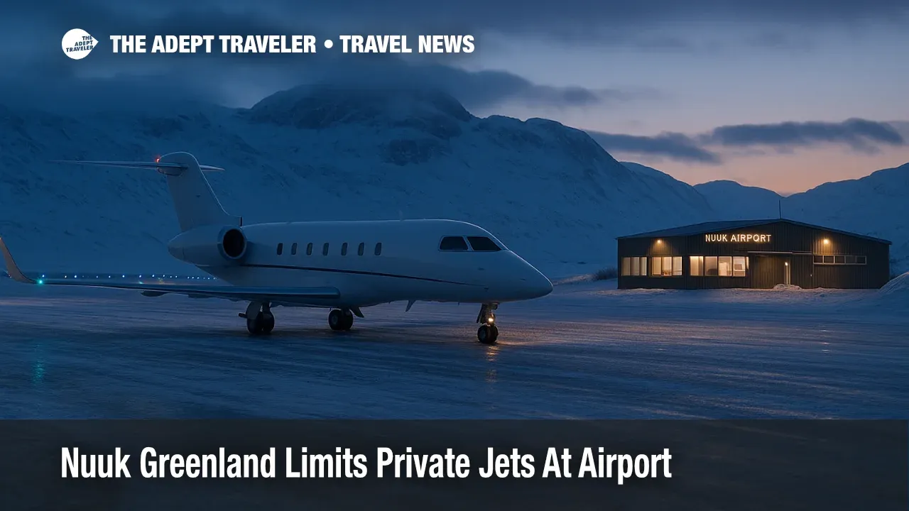 Business jet on icy ramp at Nuuk Airport in Greenland, showing Nuuk airport private jet restrictions on North Atlantic trips.