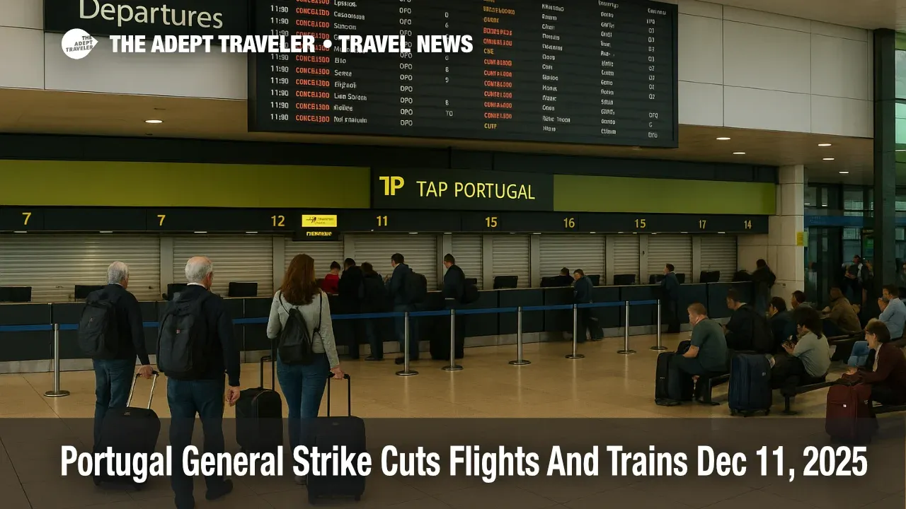 Travelers queue at a single open check in counter at Lisbon airport as the Portugal general strike flights and trains disruption leaves many departures cancelled