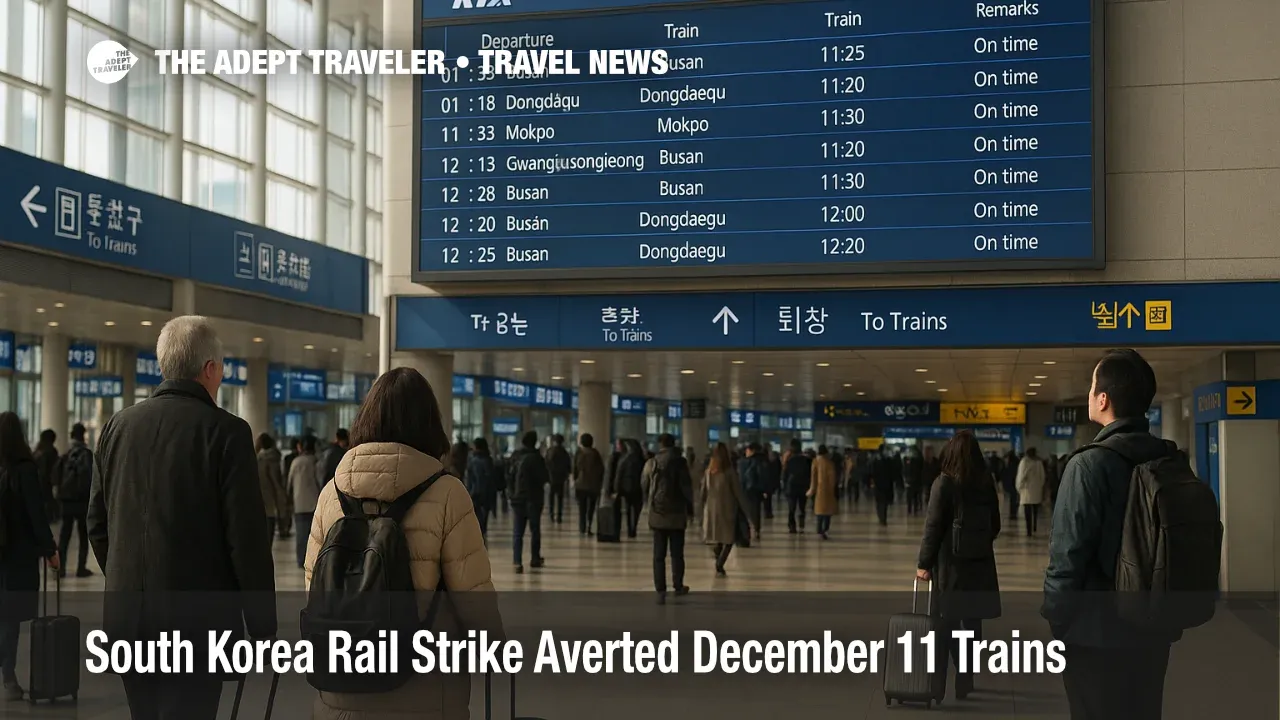 Travelers watch a KTX departures board at Seoul Station as a South Korea rail strike is averted and trains run on normal schedules after December 11 talks