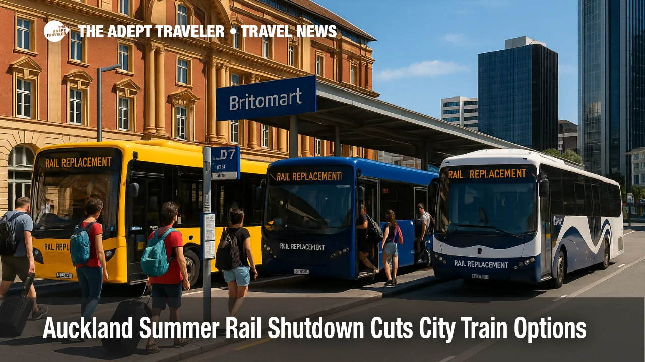 Passengers board replacement buses at Britomart as the Auckland summer rail shutdown suspends most city train services for upgrades