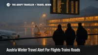 Travelers check the board at Vienna International Airport as an Austria winter travel alert brings snow and delays.