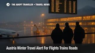Travelers check the board at Vienna International Airport as an Austria winter travel alert brings snow and delays.