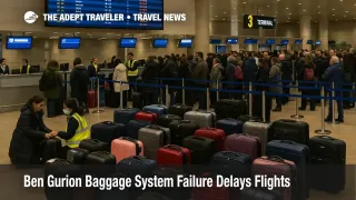 Long lines and piled luggage at Ben Gurion Terminal 3 show how a baggage system failure is delaying airport departures for winter travelers