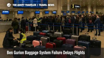 Long lines and piled luggage at Ben Gurion Terminal 3 show how a baggage system failure is delaying airport departures for winter travelers