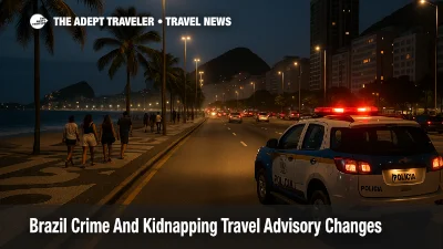 Evening Brazil travel advisory crime and kidnapping focus, Copacabana beachfront traffic and police car showing how tourists must plan safer city movements.