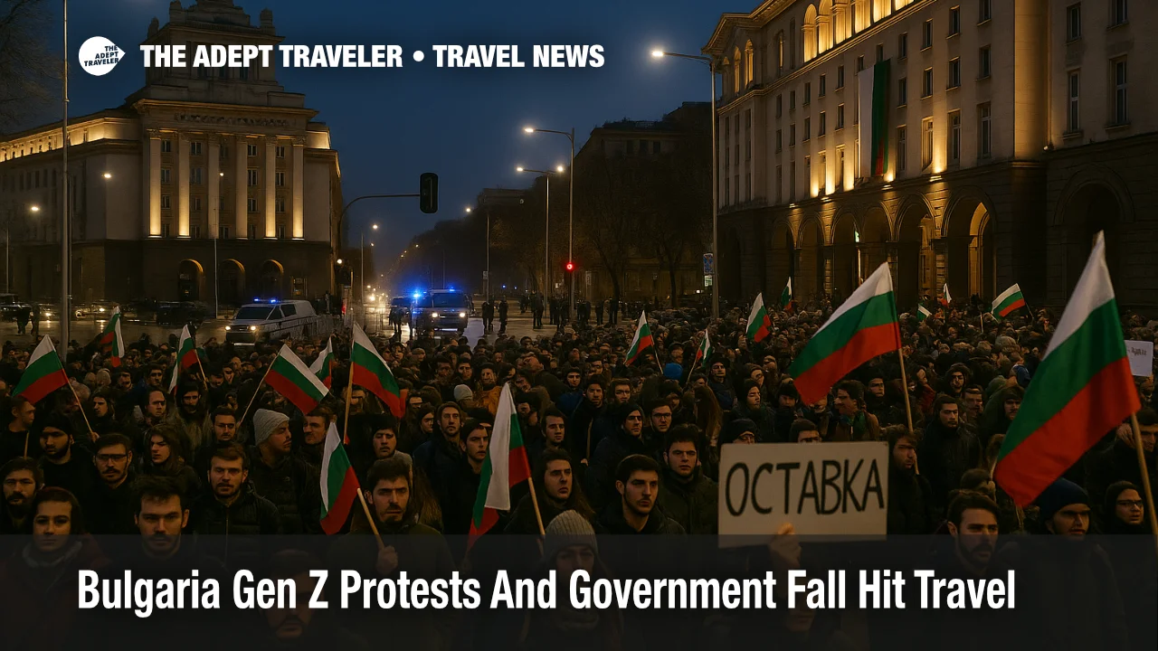 Large Gen Z protest crowd blocks central Sofia streets near parliament as Bulgarias government collapse and euro entry plans affect city travel
