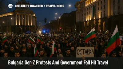 Large Gen Z protest crowd blocks central Sofia streets near parliament as Bulgarias government collapse and euro entry plans affect city travel