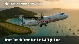Caribbean turboprop over turquoise water between two islands, marking Caribbean Airlines route cuts to Puerto Rico and BVI