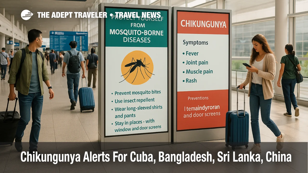 Travelers at Guangzhou Baiyun Airport view health posters as chikungunya alerts in Guangdong and abroad guide precautions