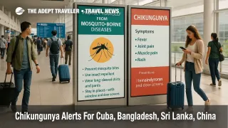 Travelers at Guangzhou Baiyun Airport view health posters as chikungunya alerts in Guangdong and abroad guide precautions