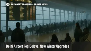 Travelers watch a departures board at Indira Gandhi International during Delhi airport fog delays as dense winter fog obscures the runways outside
