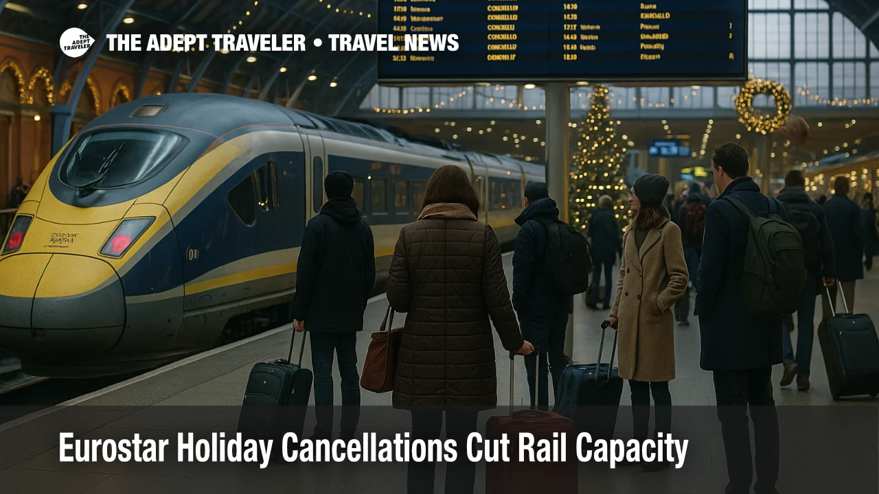 Eurostar holiday cancellations leaving travellers checking departure boards at London St Pancras during a crowded December afternoon.