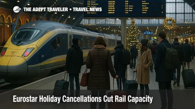 Eurostar holiday cancellations leaving travellers checking departure boards at London St Pancras during a crowded December afternoon.