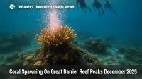 Snorkelers watch Great Barrier Reef coral spawning at Moore Reef as pink spawn clouds rise over healthy corals during the December reproductive season