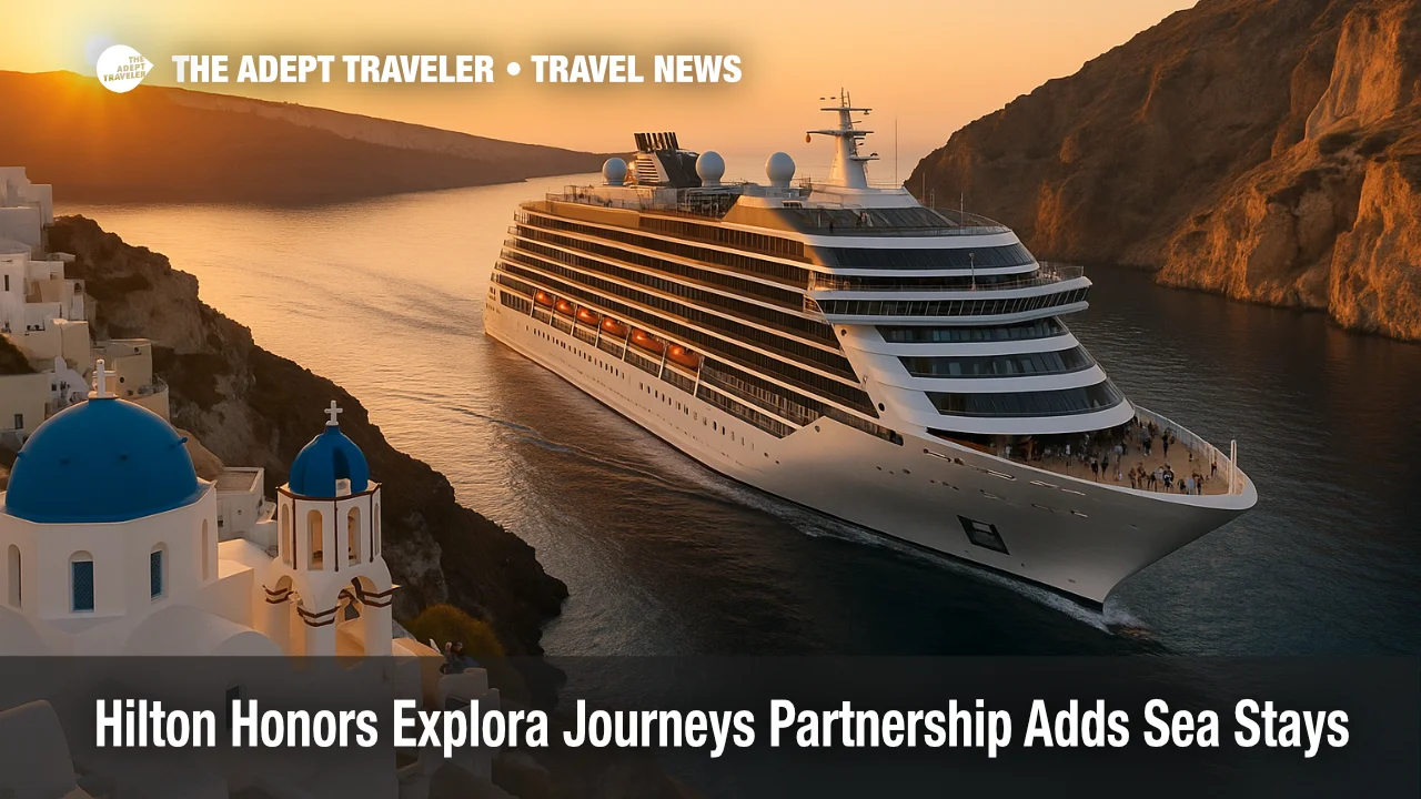Hilton Honors Explora Journeys cruises visualized by a luxury ship sailing the Mediterranean at sunset for loyalty members