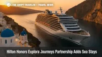 Hilton Honors Explora Journeys cruises visualized by a luxury ship sailing the Mediterranean at sunset for loyalty members