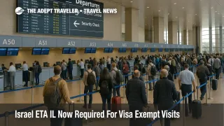 Travelers line up at Ben Gurion Airport check in as the new Israel ETA IL travel authorization requirement is verified before flights for visa exempt visitors