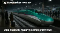 Passengers wait on a snowy Tohoku Shinkansen platform as Japan megaquake advisory travel risk complicates winter rail plans.