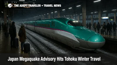 Passengers wait on a snowy Tohoku Shinkansen platform as Japan megaquake advisory travel risk complicates winter rail plans.