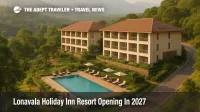 Guests relax by the pool at a hillside Holiday Inn style resort near Lonavala as NH 48 access and greenery highlight the new hotel opening in 2027