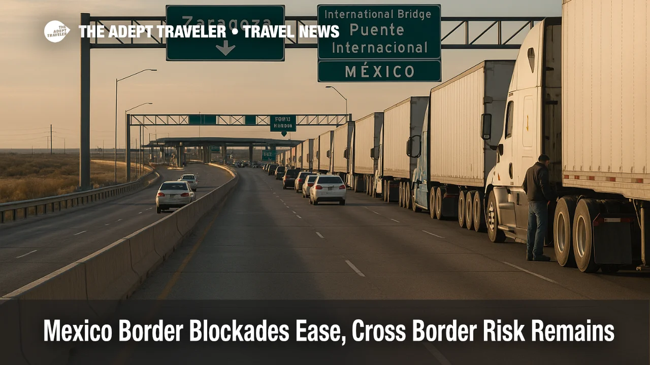 Freight trucks wait at the Ysleta Zaragoza border bridge as Mexico border blockades ease but cross border traffic stays slow.