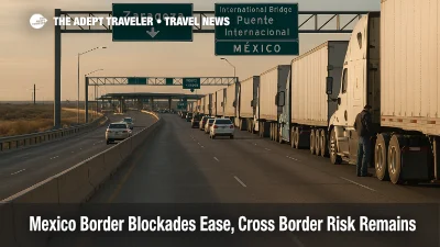 Freight trucks wait at the Ysleta Zaragoza border bridge as Mexico border blockades ease but cross border traffic stays slow.