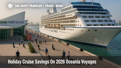 Oceania Cruises holiday savings illustrated by a mid size ship docked at PortMiami as travelers board for discounted 2026 voyages