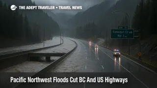 Flooded Coquihalla Highway shows Pacific Northwest highway closures cutting routes between the BC coast and Interior during December storms.