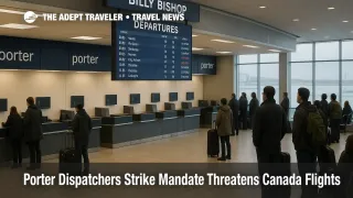 Travelers watch the departures board at Billy Bishop Toronto City Airport as Porter dispatchers strike Canada flights risk shapes winter plans