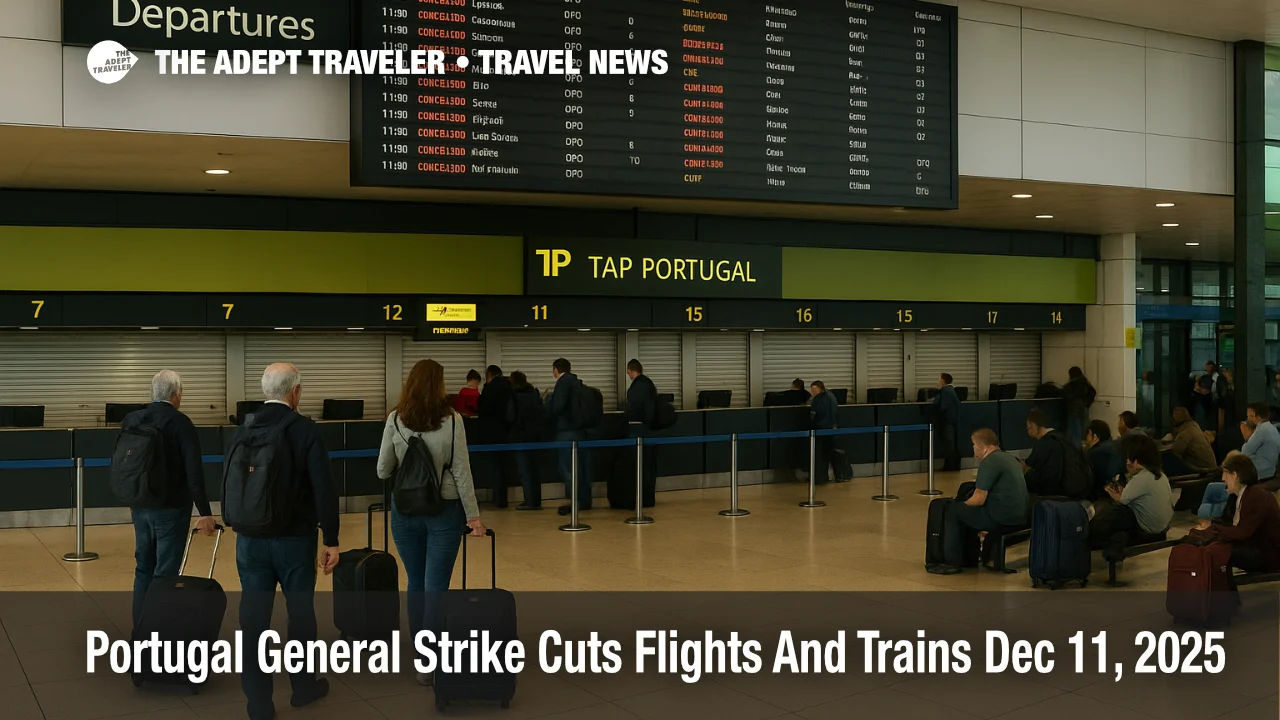 Travelers queue at a single open check in counter at Lisbon airport as the Portugal general strike flights and trains disruption leaves many departures cancelled