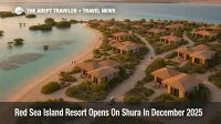 Aerial view of a new Red Sea island resort opening on Shura Island with low rise villas, mangroves, and turquoise water along the Saudi coast
